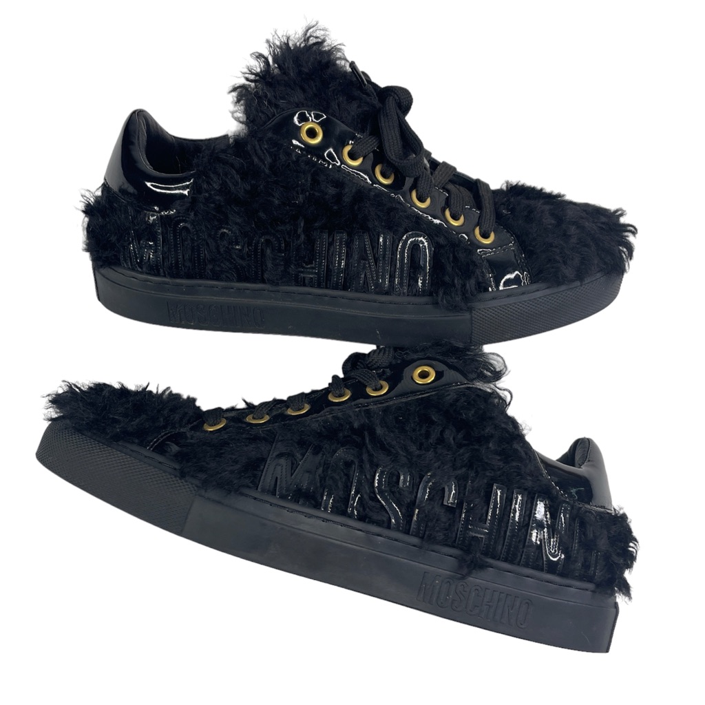 Moschino Logo Goat Hair Platform Sneaker Black Patent Leather Furry Shoe Sz 8 38